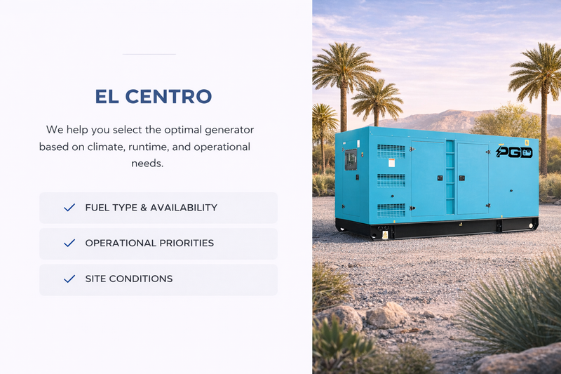 Blue generator in a desert landscape with palm trees and 'El Centro' branding.