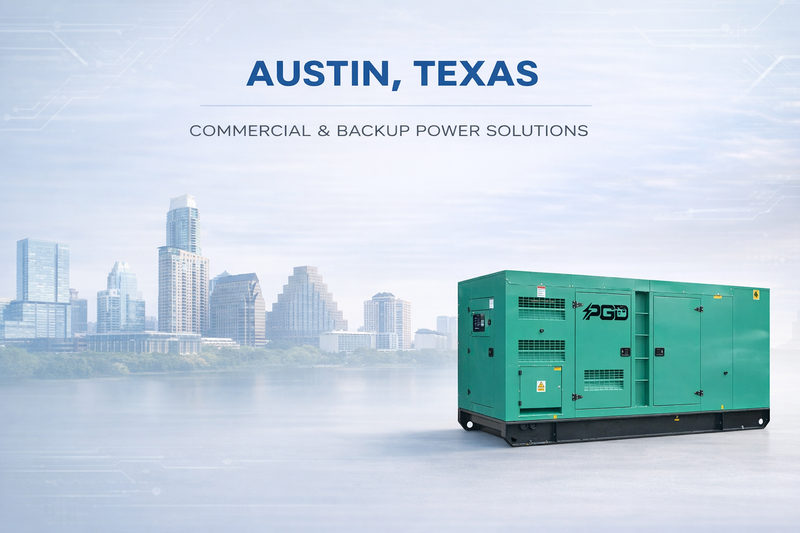 Green generator with 'PGD' logo on a cityscape background, labeled 'Austin, Texas'.