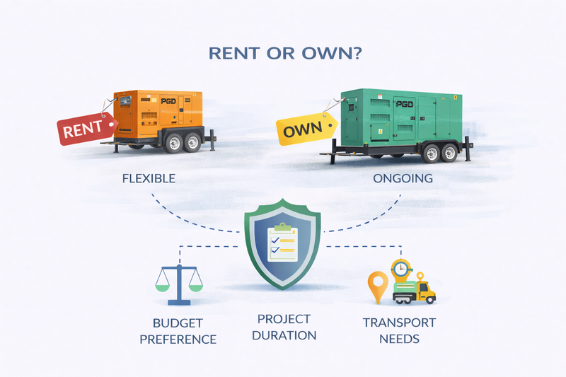 Comparison chart between renting and owning a generator, with icons and text labels.