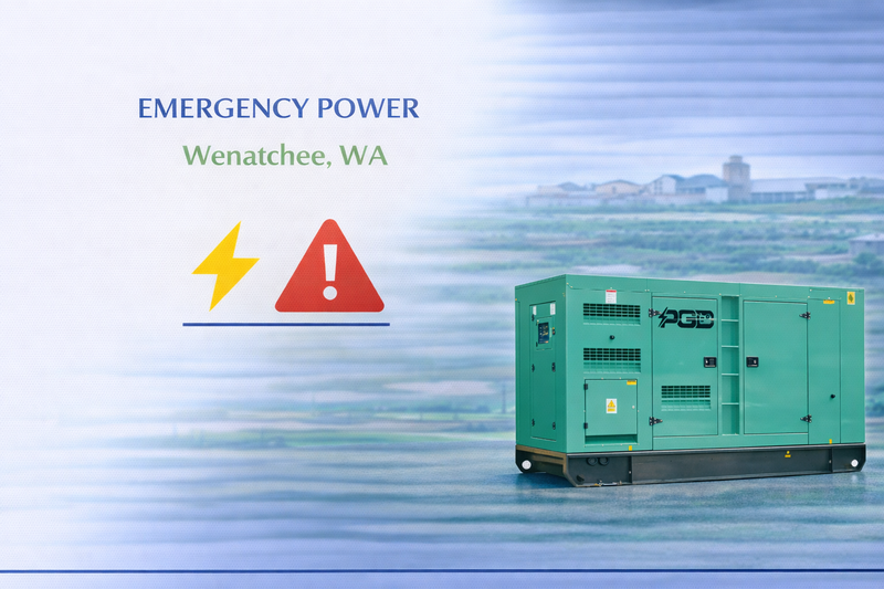 Generator with emergency power warning symbols and text on a blue background