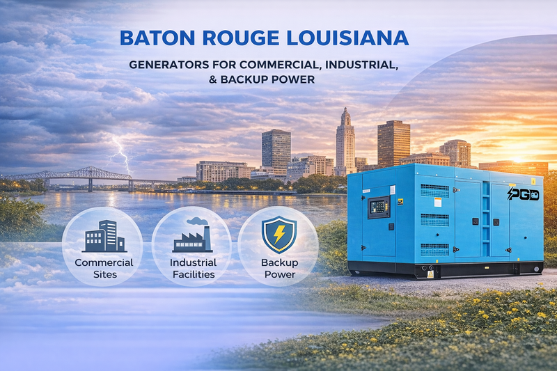 Generator for commercial, industrial, and backup power in Baton Rouge, Louisiana with city skyline in the background.