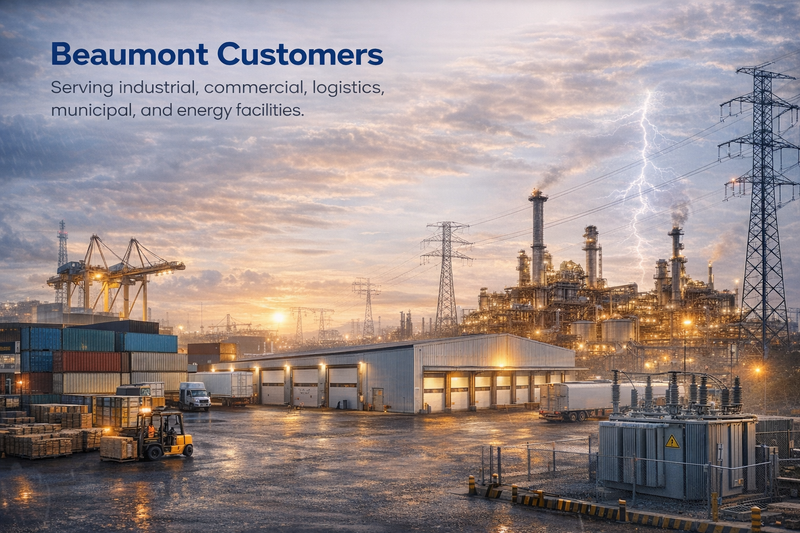 Industrial facility with cranes and power lines at sunset, featuring Beaumont Customers branding.