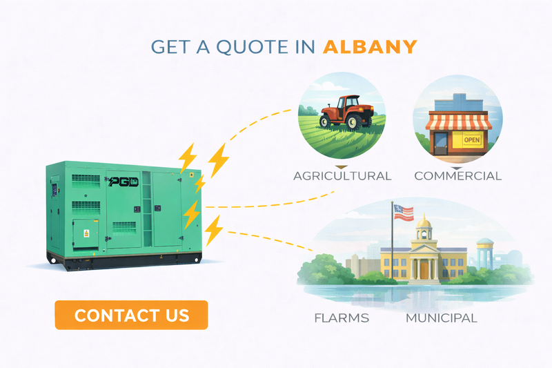 Promotional graphic for a generator service with agricultural, commercial, farm, and municipal icons.