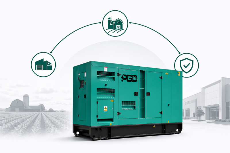 Green generator with PGD branding on a white background with icons and buildings.