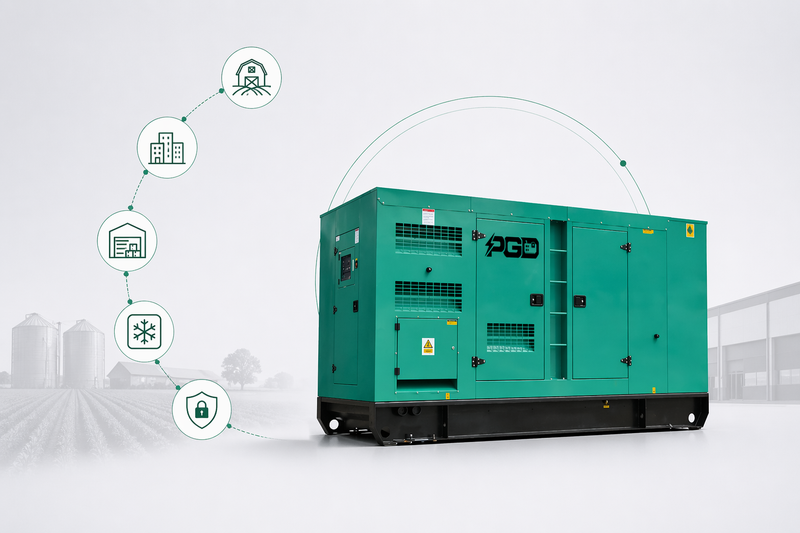 Green industrial generator with connected icons on a light gray background