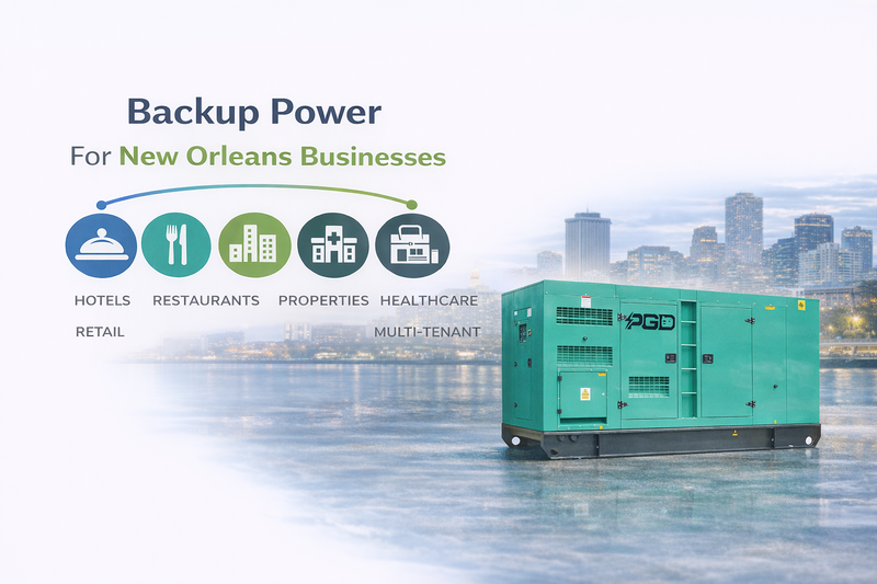 Backup power generator for New Orleans businesses with city skyline in the background