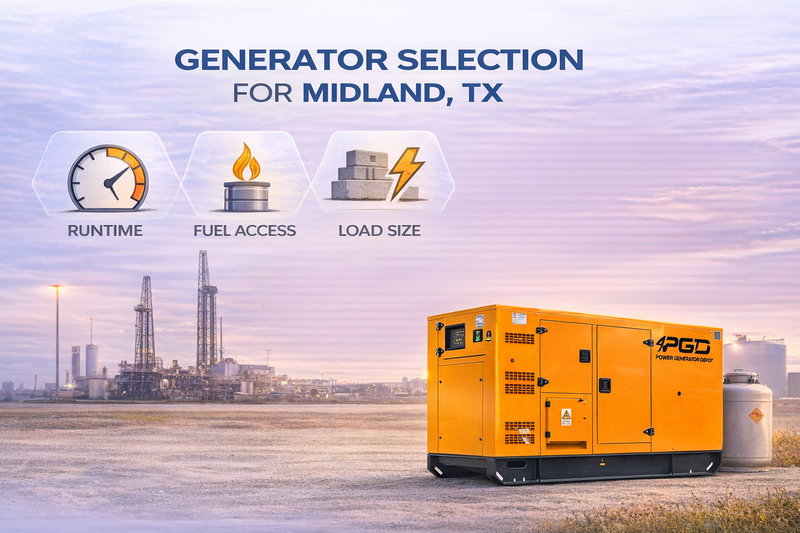 Generator selection for Midland, TX with features highlighted and a generator in the foreground.