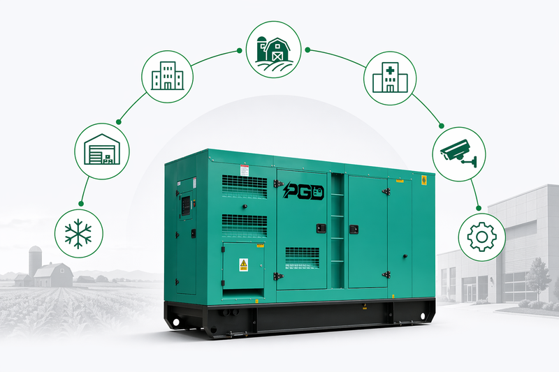 Green generator with icons representing different scenarios on a white background