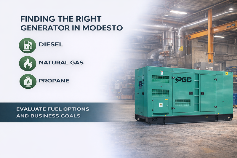 Generator in a warehouse with text about finding the right generator in Modesto and evaluating fuel options.