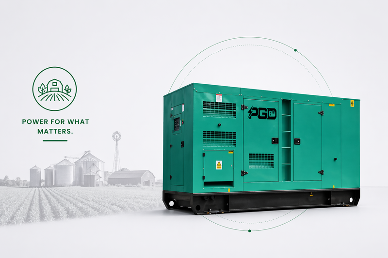 Green generator with 'PGD' branding on a white background with farm silhouette.