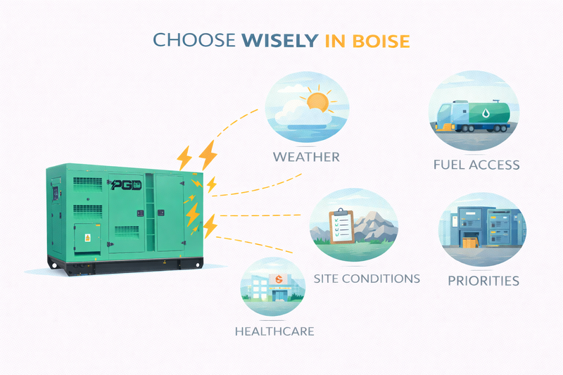 Generator with icons and text about weather, fuel access, site conditions, and healthcare on a white background.