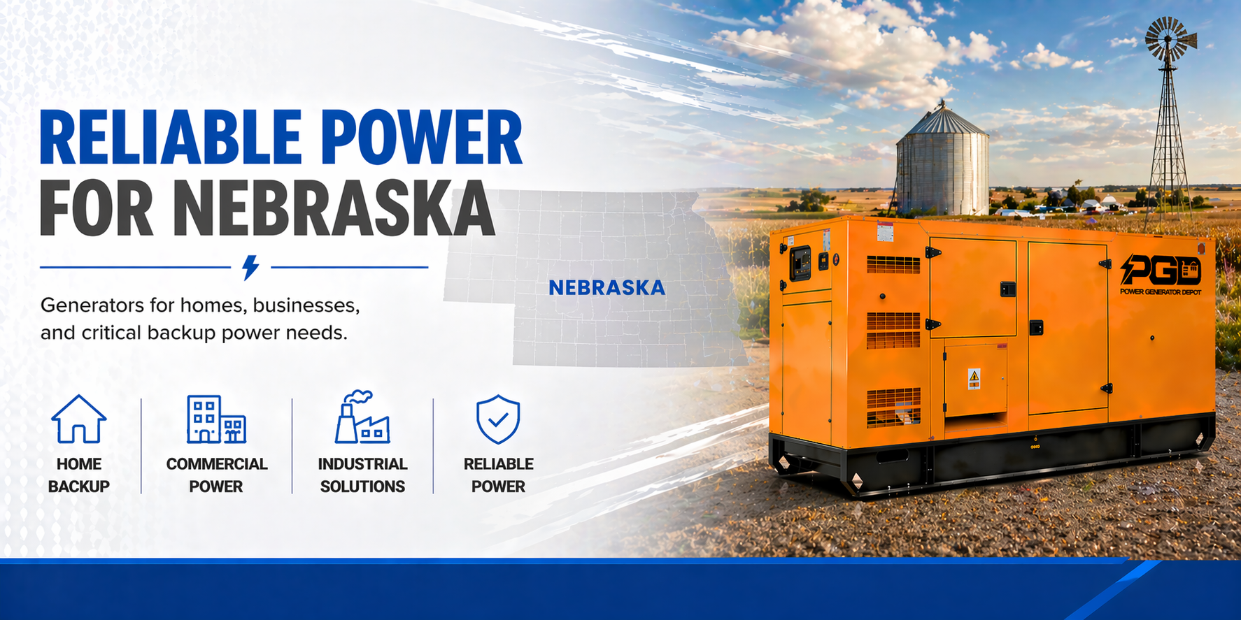 Orange generator with 'Reliable Power for Nebraska' text and graphics on a scenic background.