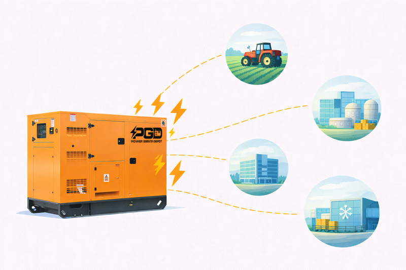 Orange generator with PGD logo connected to icons of a tractor, factory, and freezer on a white background.