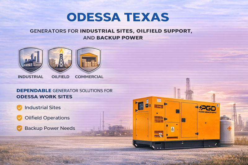 Generator for industrial sites with 'Odessa Texas' branding and text about generator solutions.