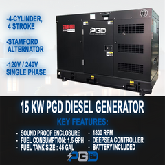 15KW PGD Diesel Generator Water Cooled Silent 120V or 240V 1 Phase