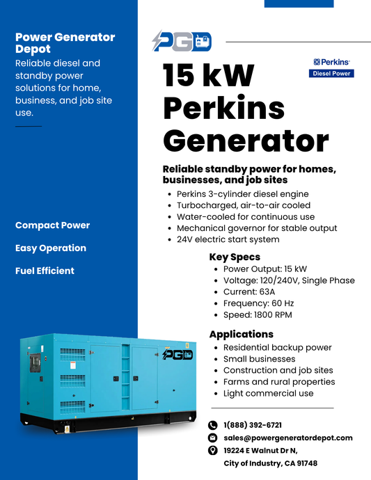15kW Perkins Powered Diesel Generator 120V or 240V Single Phase