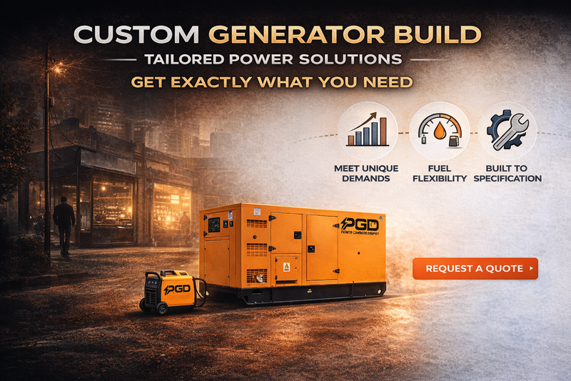 Orange generator with promotional text for custom generator build solutions.