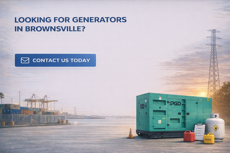 Generator on a dock with containers and power lines in the background, promotional text for generators in Brownsville.