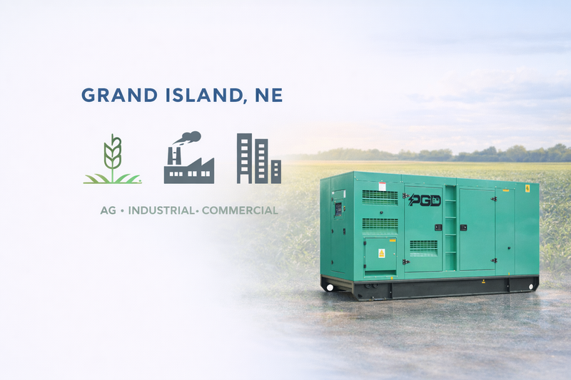 Generator with 'Grand Island, NE' text and icons for ag, industrial, and commercial sectors on a blurred landscape background.