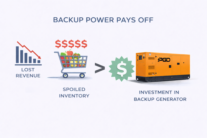 Diagram showing the benefits of investing in a backup generator with icons and text.