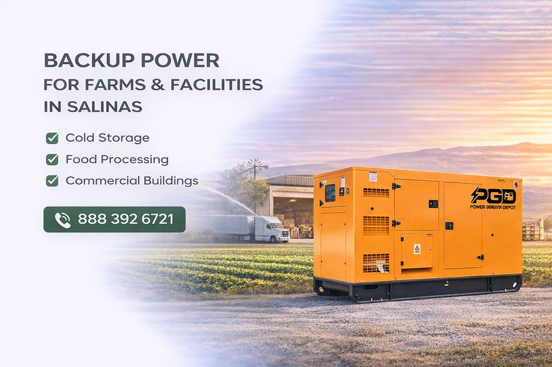 Orange generator with PGD logo on a rural background, advertising backup power solutions for farms and facilities in Salinas.