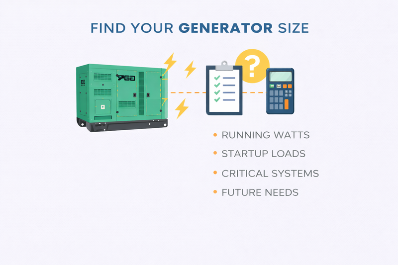 Generator size selection guide with a green generator icon, checklist, and calculator on a light blue background.