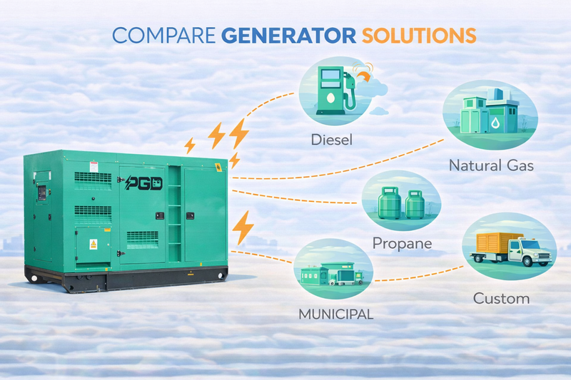 Generator with options for different fuel types on a blue background