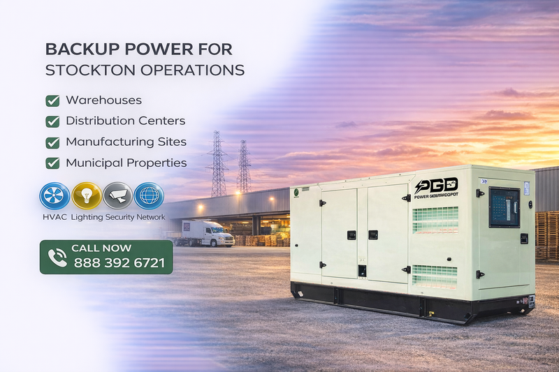 Generator set with PGD logo against a sunset sky, used for backup power in various locations.