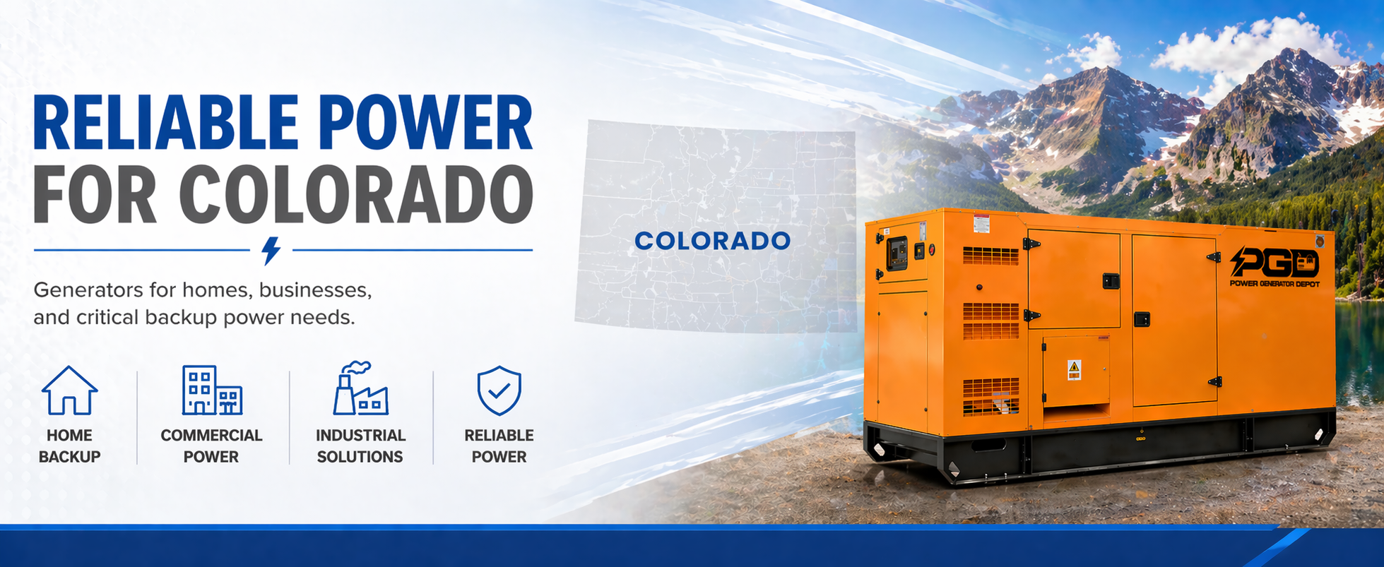 Orange generator with 'Colorado' branding against a scenic mountain backdrop.