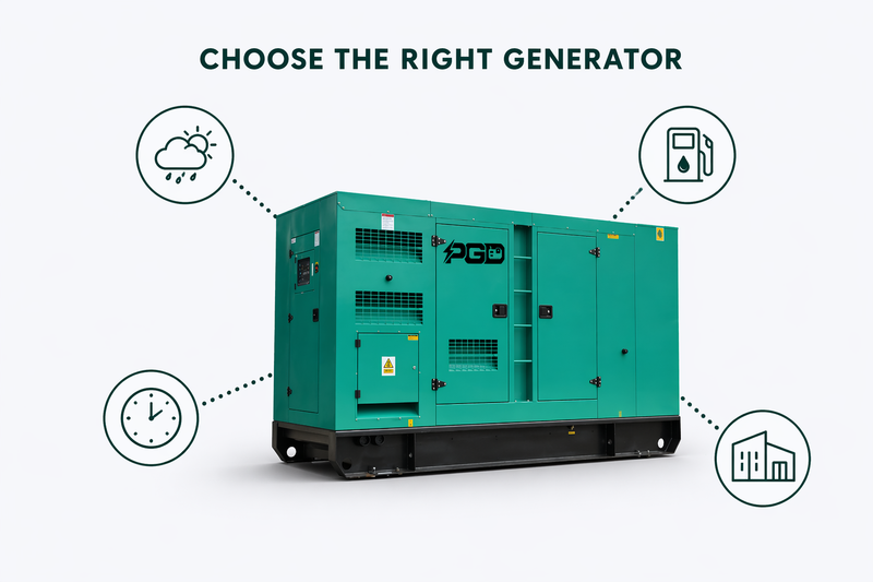 Green generator with PGD branding on a white background, surrounded by icons related to weather, fuel, time, and building.