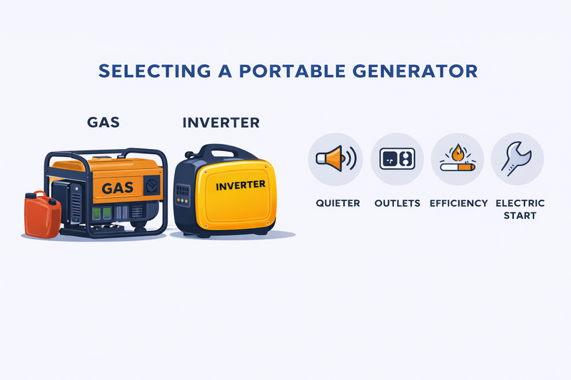 Comparison chart for selecting a portable generator, featuring gas and inverter models with icons and text.