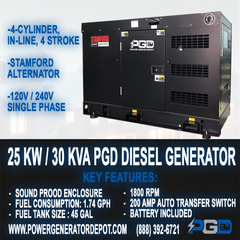 25kW PGD Diesel Generator Water Cooled Silent 120V or 240V 1 Phase