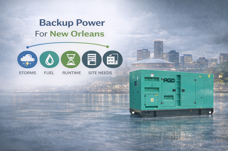 Backup power generator with New Orleans skyline in the background