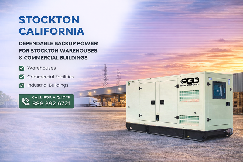 Generator set with promotional text for Stockton, California, highlighting dependable backup power for various facilities.