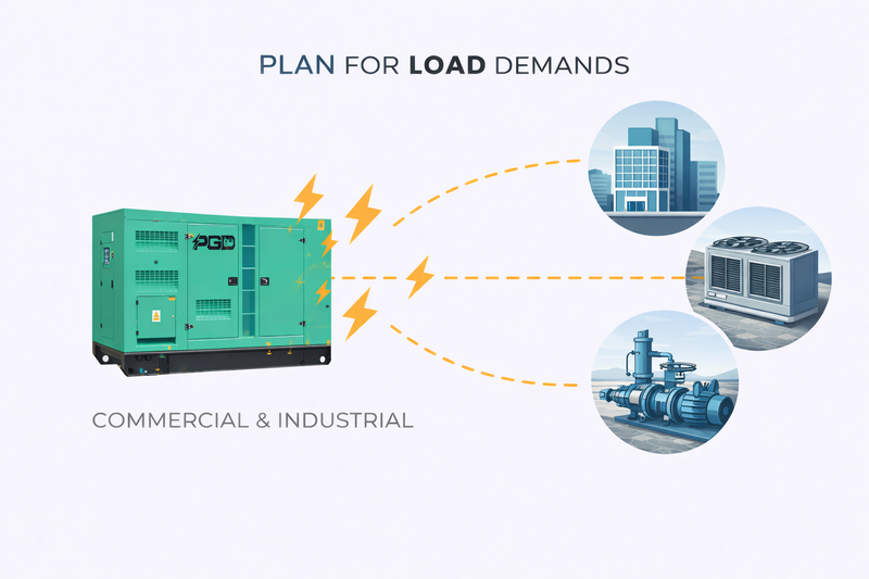 Diagram showing a generator with load demands for commercial and industrial use.