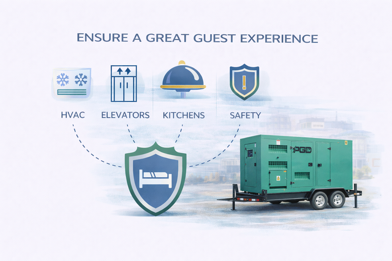 Green generator with icons and text about guest experience and safety on a light blue background