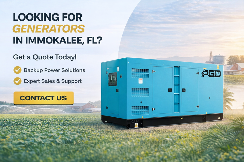 Blue generator on grass with promotional text for generators in Immokalee, FL.