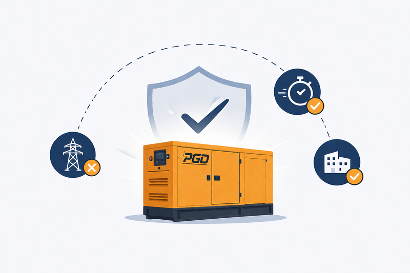 Orange generator with PGD logo surrounded by icons on a light blue background