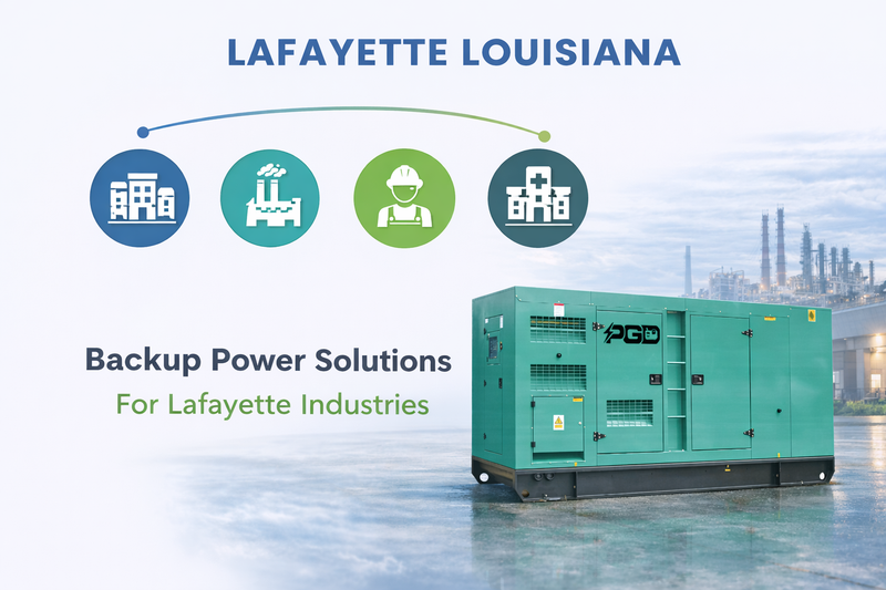 Backup power solution for industries in Lafayette, Louisiana with a green generator and icons.