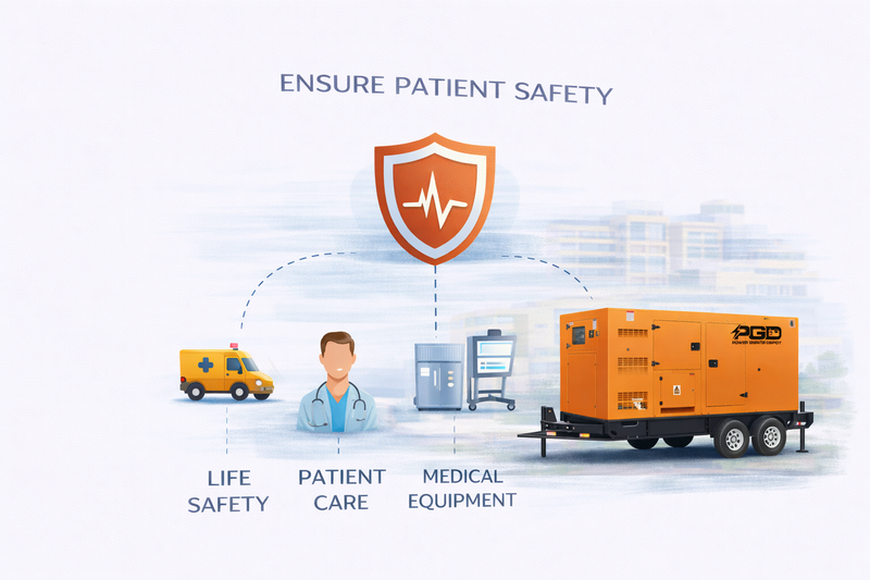 Illustration of a medical setting with an ambulance, doctor, and medical equipment, featuring the AGCO logo.