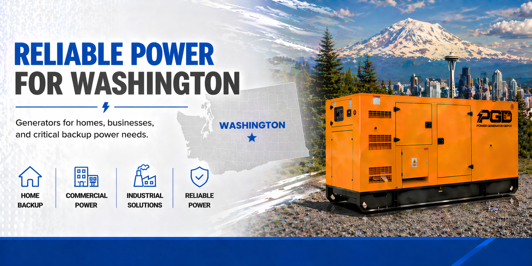 Orange generator with 'PGG' branding in front of a scenic view of Mount Rainier, Washington.