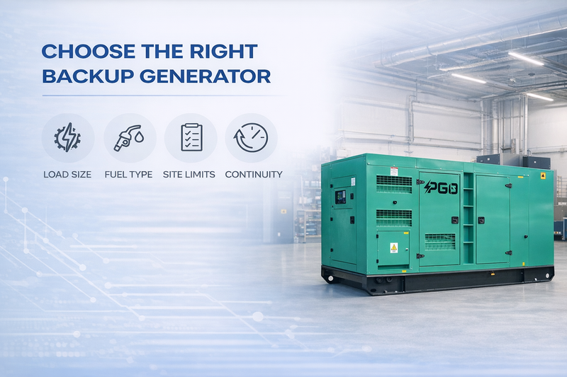 Green backup generator in a warehouse with text on choosing the right generator.