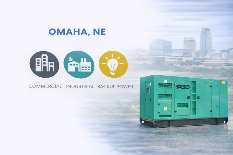 Green generator with cityscape and icons labeled 'Omaha, NE' on a light blue background