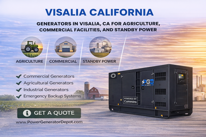 Advertisement for generators in Visalia, CA with a generator image and text about services.