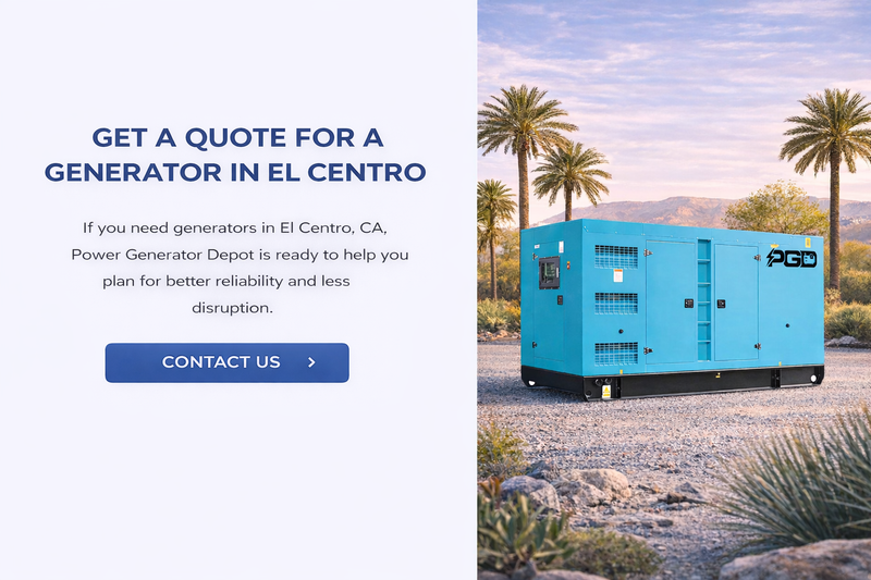 Blue generator in a desert landscape with palm trees and a clear sky.