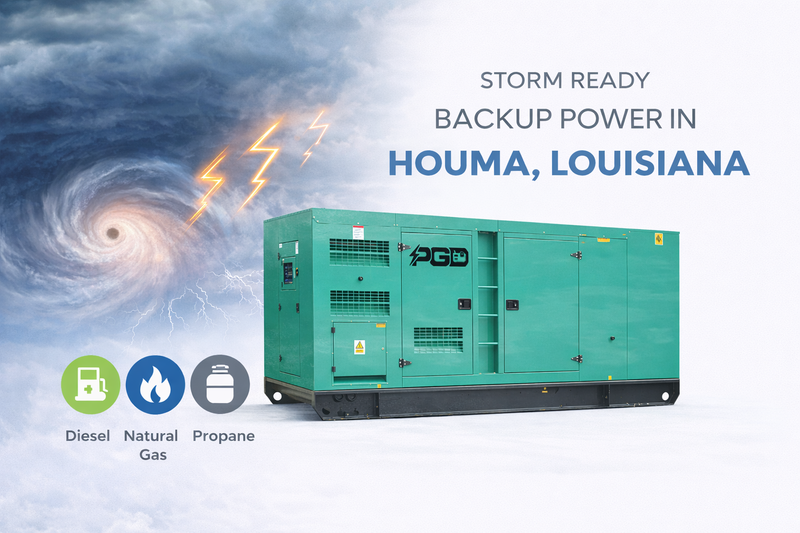 Generator with storm and lightning background, text 'Storm Ready Backup Power in Houma, Louisiana'.