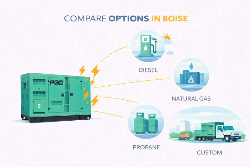 Generator with options for diesel, natural gas, propane, and custom fuel types on a white background.