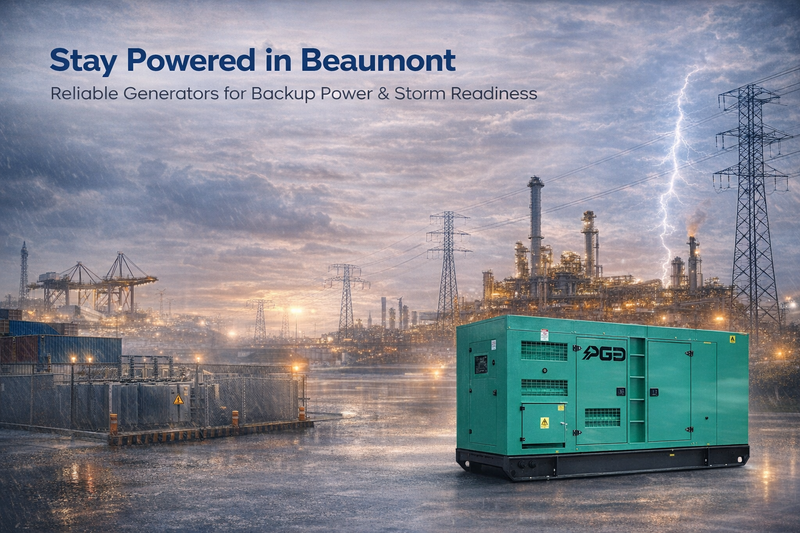 Generator in front of industrial facility with stormy sky and lightning.