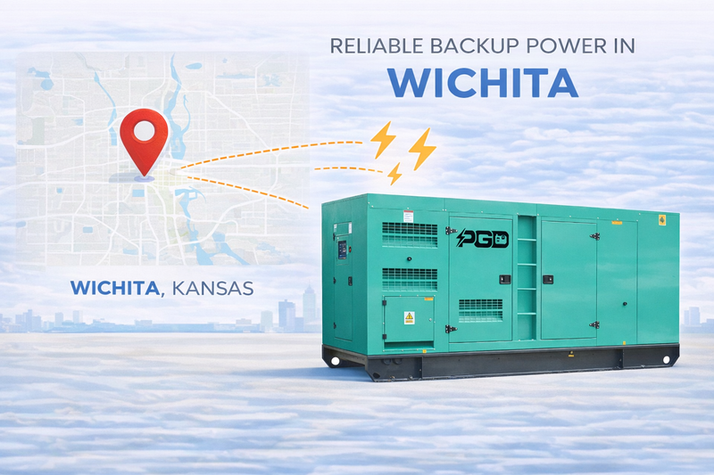 Generator with 'Reliable Backup Power in Wichita' text and a map of Wichita, Kansas.