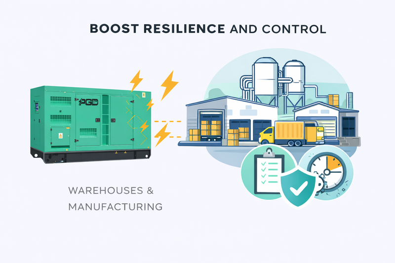 Industrial generator with warehouse and manufacturing icons, emphasizing resilience and control.